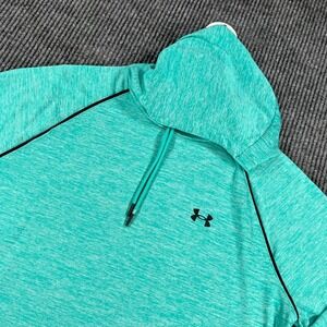Under Armour Pullover Shirt Womens Large Teal Long Sleeve Hooded Loose Fit Gym